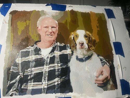 finished painted custom paint by numbers kit of a man and his dog